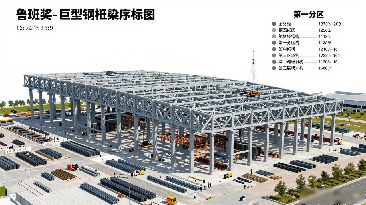 北京某大型图书馆钢结构现场拼装施工方案(鲁班奖-巨型钢桁架-三维示意图)-大连富泓机械有限公司